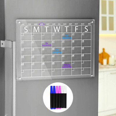 (40x30cm) Clear Acrylic Magnetic Dry Erase Board and Calendar for Fridge,Includes 6 Markers بورد مغناطيسي من الاكريليك الشفاف للملاحظات والتخطيط