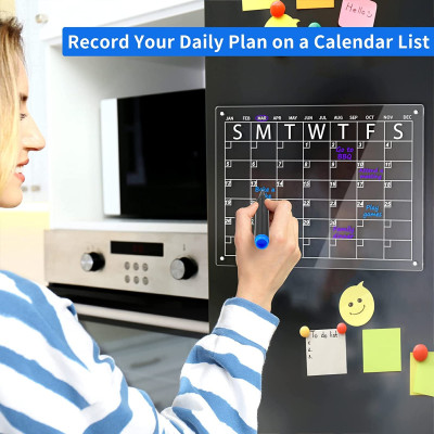 (40x30cm) Clear Acrylic Magnetic Dry Erase Board and Calendar for Fridge,Includes 6 Markers بورد مغناطيسي من الاكريليك الشفاف للملاحظات والتخطيط