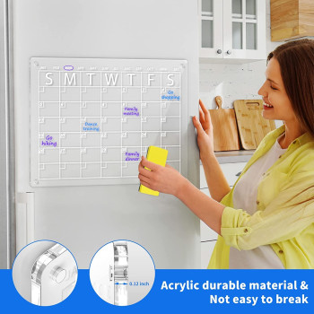 (40x30cm) Clear Acrylic Magnetic Dry Erase Board and Calendar for Fridge,Includes 6 Markers بورد مغناطيسي من الاكريليك الشفاف للملاحظات والتخطيط