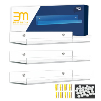 Best Media, Clear Acrylic Shelves for Wall - Pack of 3 Invisible Floating Bookshelf with Installation Kit & Covers to Hide Screws - Decoration & Storage Acrylic Wall Shelf s Room, Bathroom & Kitchen