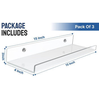 Best Media, Clear Acrylic Shelves for Wall - Pack of 3 Invisible Floating Bookshelf with Installation Kit & Covers to Hide Screws - Decoration & Storage Acrylic Wall Shelf s Room, Bathroom & Kitchen