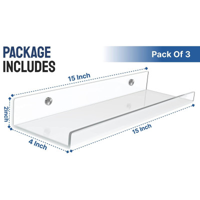 Best Media, Clear Acrylic Shelves for Wall - Pack of 3 Invisible Floating Bookshelf with Installation Kit & Covers to Hide Screws - Decoration & Storage Acrylic Wall Shelf s Room, Bathroom & Kitchen