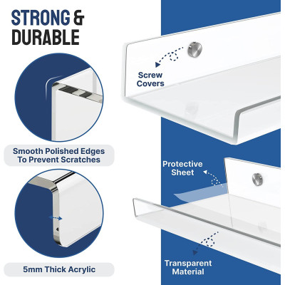 Best Media, Clear Acrylic Shelves for Wall - Pack of 3 Invisible Floating Bookshelf with Installation Kit & Covers to Hide Screws - Decoration & Storage Acrylic Wall Shelf s Room, Bathroom & Kitchen