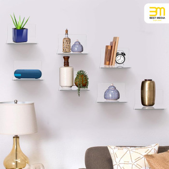 4-Piece Small Acrylic Wall Shelves, 10 cm Floating Display Ledges for Storage and Decoration, Clear Wall-Mounted Mini Shelves with 2 Installation Methods for Home or Office Use, Clear