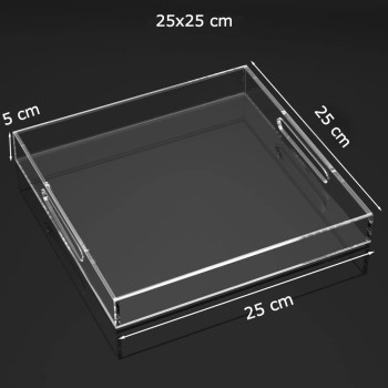 Acrylic Serving Tray (25x25 cm), Spill Proof - Clear Decorative Tray, Coffee tray, Table Countertop with Handles tray صينية تقديم من الاكريليك