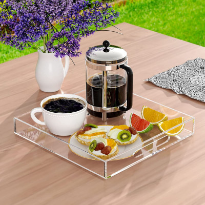 Acrylic Serving Tray (25x25 cm), Spill Proof - Clear Decorative Tray, Coffee tray, Table Countertop with Handles tray صينية تقديم من الاكريليك