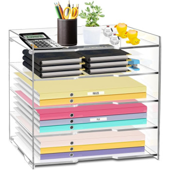 5-Tier Acrylic Desk Organizer, Letter Tray, Paper File Holder Sorter, Stackable Desktop Storage for Office Supplies, Mail, Heavy Duty Organization, 32x25x27 cm, Clear