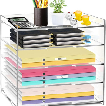 5-Tier Acrylic Desk Organizer, Letter Tray, Paper File Holder Sorter, Stackable Desktop Storage for Office Supplies, Mail, Heavy Duty Organization, 32x25x27 cm, Clear