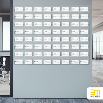 64-Pocket Wall Mount Acrylic Business Card Holder, Clear Sticker Display Rack and Multiple Card Organizer with Pre-Drilled Holes - 60L x 5W x 65H cm - 64-Pocket Wall Mount - 1 piece - Clear