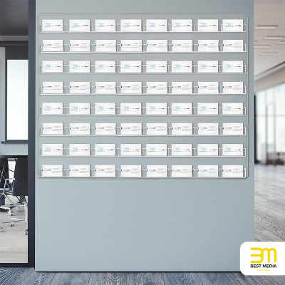 64-Pocket Wall Mount Acrylic Business Card Holder, Clear Sticker Display Rack and Multiple Card Organizer with Pre-Drilled Holes - 60L x 5W x 65H cm - 64-Pocket Wall Mount - 1 piece - Clear