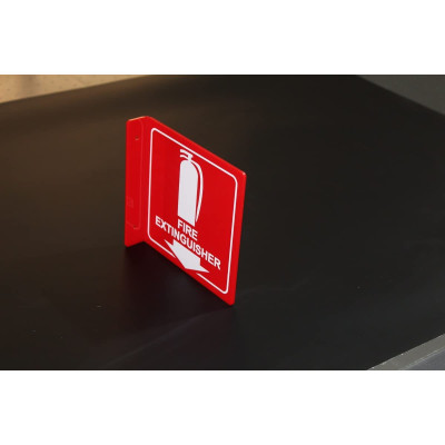 Projecting Fire Extinguisher Sign, 15 x 15 cm Polished Acrylic Wall Sign with Down Arrow, Double-Sided Safety Display for Emergency Visibility in Buildings, Offices or Warehouses - Red