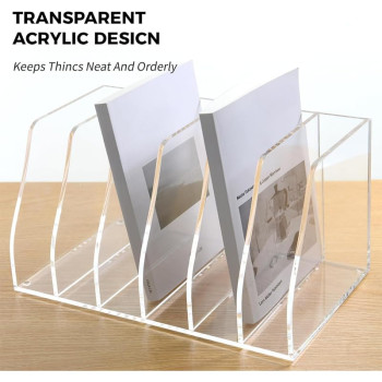 6-Compartment Clear Acrylic Magazine and File Holder, Vertical Desk Document Sorter and Organizer for Office, Home, or Classroom - 35L x 25W x 18H cm - 6-Slot Vertical - 1 piece - Clear