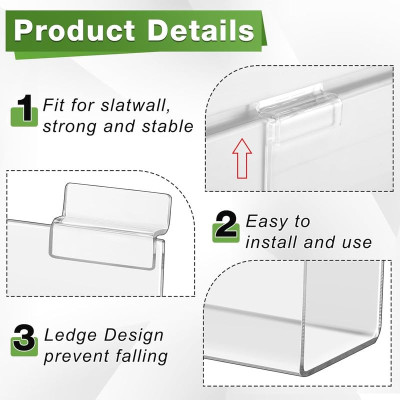 Slatwall J-Ledge Shelf, Classic Design Acrylic Display with Lip, 15.24 cm Width 4 Pack, Clear, Retail Boutique & Home Storage, Heavy Duty Floating Panel Shoe Rack & Organization