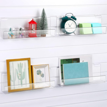 Slatwall J-Ledge Shelf, Classic Design Acrylic Display with Lip, 38.1 cm Width 4 Pack, Clear, Retail Boutique & Home Storage, Heavy Duty Floating Panel Shoe Rack & Organization