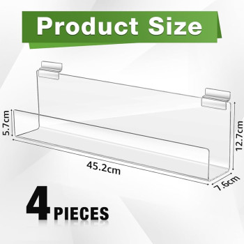 Slatwall J-Ledge Shelf, Transparent Design Acrylic Display with Lip, 45.2 cm Width 4 Pack, Clear, Retail Boutique & Home Storage, Heavy Duty Floating Panel Shoe Rack & Organization