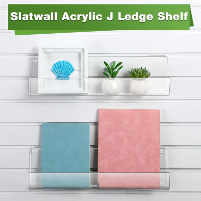 Slatwall J-Ledge Shelf, Transparent Design Acrylic Display with Lip, 45.2 cm Width 4 Pack, Clear, Retail Boutique & Home Storage, Heavy Duty Floating Panel Shoe Rack & Organization
