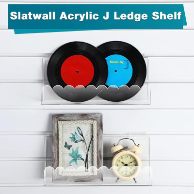 Slatwall J-Ledge Shelf, Wavy Design Acrylic Display with Lip, 30.48 cm Width 4 Pack, Clear, Retail Boutique & Home Storage, Heavy Duty Floating Panel Shoe Rack & Organization