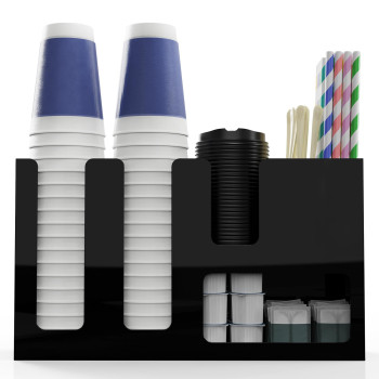 6-Compartment Cup Holder, Black Acrylic Lid Organizer, Straw Station Dispenser for Countertop, Breakroom, Restaurant, Cafe Bar Accessories, Storage Caddy, 30Lx20Wx15H cm