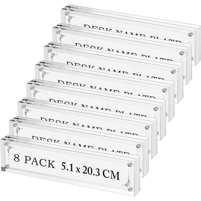 Magnetic Name Plate Holder, Double Sided Clear Acrylic Block Frame for Desk, DIY Sign Display, Business Office Meeting Conference Room Accessories, 5.08x20.32 cm, 8-Pack