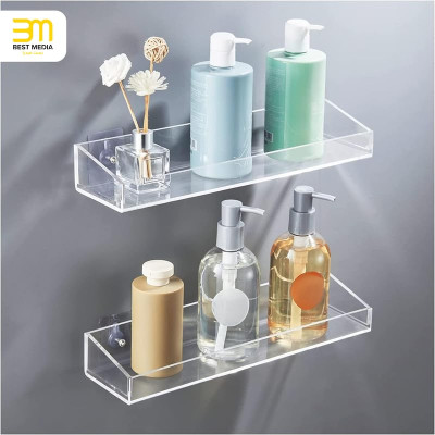 2-Pack Transparent Acrylic Bathroom Shelves, Wall Mounted No-Drill Storage & Display Shelving, a Thick Organizer for the Shower- Modern Adhesive - 2-Pack - Transparent