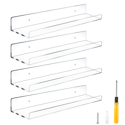 4-Pack Premium Transparent Acrylic Floating Shelves, a 38-1 cm Invisible Wall Ledge Display and Heavy-Duty 5mm Thick Bookshelf- Modern - 4-Pack - Transparent