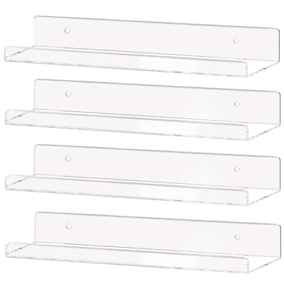 4-Pack Transparent Acrylic Floating Wall Shelves, a 38-1 cm Invisible Ledge Bookshelf and a Wall Mounted Kids Book Display Shelf- Modern - 4-Pack - Transparent