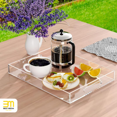 Large Transparent Acrylic Serving Tray with Handles, a Spill-Proof Decorative Organizer for an Ottoman or a Coffee Table- 30-5x40-6 cm - Modern - 1 Piece - Transparent