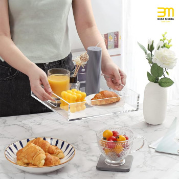 Elegant Decorative Acrylic Serving Tray with Handles, a Square Coffee Table Tray for Eating, Breakfast, or Makeup- 25.4x25.4 cm - Elegant - 1 Piece - Transparent