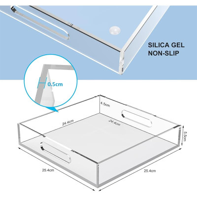Elegant Decorative Acrylic Serving Tray with Handles, a Square Coffee Table Tray for Eating, Breakfast, or Makeup- 25.4x25.4 cm - Elegant - 1 Piece - Transparent