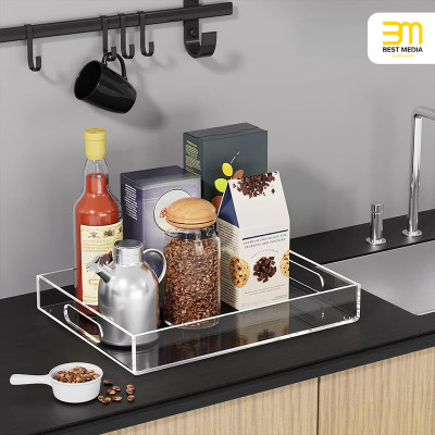 Transparent Acrylic Decorative Nesting Serving Trays with Handles, Large Coffee Table Trays for Food, Tea, and Kitchen Vanity- 40-6 cm - Modern - Set of 2 - Transparent