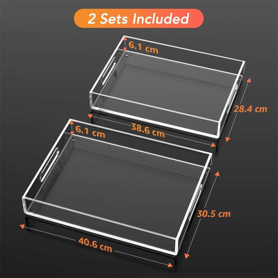 Transparent Acrylic Decorative Nesting Serving Trays with Handles, Large Coffee Table Trays for Food, Tea, and Kitchen Vanity- 40-6 cm - Modern - Set of 2 - Transparent