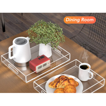 Transparent Acrylic Decorative Nesting Serving Trays with Handles, Large Coffee Table Trays for Food, Tea, and Kitchen Vanity- 40-6 cm - Modern - Set of 2 - Transparent