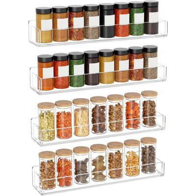 Transparent Acrylic Wall Mounted Spice Rack Organizer, a Hanging Seasoning Rack for your Kitchen Wall to save counter space- Modern - 4 Pack - Transparent