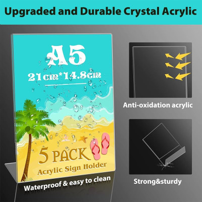 A5 L-Shape Acrylic Sign Holder, a Perspex Leaflet Display Stand for a Table, Counter, Restaurant, Hotel, or your Office- A5 Size - Standard - 5 Pack - Transparent