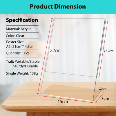 A5 L-Shape Acrylic Sign Holder, a Perspex Leaflet Display Stand for a Table, Counter, Restaurant, Hotel, or your Office- A5 Size - Standard - 5 Pack - Transparent