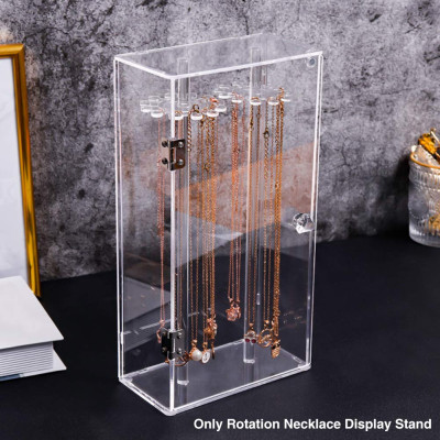 Rotating Necklace Display Stand, Clear Acrylic Pendant and Jewelry Organizer, Dustproof Display Box for Necklaces, Bracelets, Earrings and Rings, Ideal for Retail and Home Use, Clear