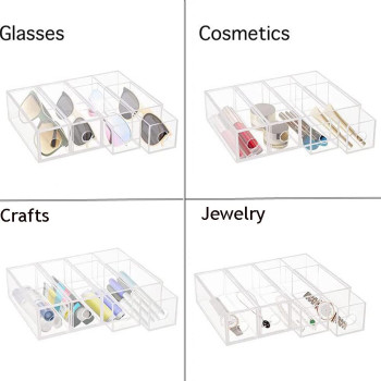 Acrylic Sunglasses Organizer with 4-Lid Drawer Storage, Clear Rectangular Box for Eyewear, Cosmetics, or Accessories, Suitable for Bathroom, Desk, Countertop, Office, and Dorm Use, Clear