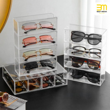 Acrylic Sunglasses Organizer with 4-Lid Drawer Storage, Clear Rectangular Box for Eyewear, Cosmetics, or Accessories, Suitable for Bathroom, Desk, Countertop, Office, and Dorm Use, Clear