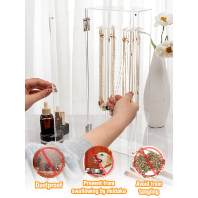 Rotating Acrylic Necklace Holder, Lengthened Clear Jewelry Display Stand with 24 Hooks, Dustproof Organizer for Necklaces and Pendants, Perfect for Dresser, Bathroom, Retail Display, Clear