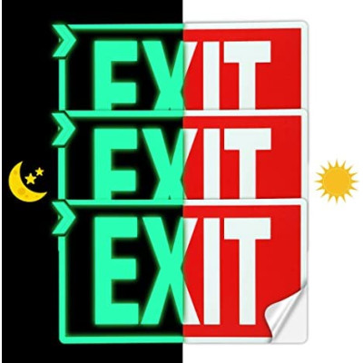 EXIT Signs, 3-Pack Glow in the Dark Photoluminescent EXIT Decal Stickers, 30 x 18 cm Self-Adhesive Emergency Exit Signs for Walls and Doors, Safety Signage for Home, Office