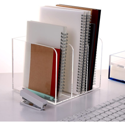 3-Section Clear Acrylic Magazine Holder and Desk File Organizer, Vertical Office Organization and Storage Accessory for Files and Documents, Single Pack Transparent Sorter