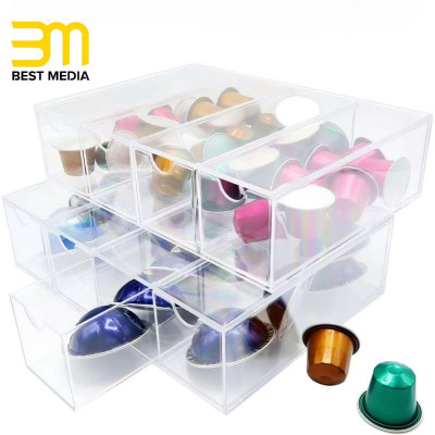 4-Compartment Acrylic Coffee Pod Holder and Desktop Organizer, Clear Storage Box for K-Cup Capsules and Coffee Bar Station Accessories, Multi-Use Desk and Kitchen Drawer Organizer