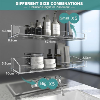 Clear Acrylic, Bathroom Shelves, Various Sizes Floating Wall Shelves with Drainage, Modern, Waterproof Shower Caddy for Bathroom, Bedroom, Living Room, and Kitchen - 4 pcs