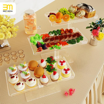 3 Tier Acrylic Serving Tray, Display Stand for Fruits Cupcakes, Catering and Buffet Table Presentations, Reusable Tiered Platters, Clear - Rectangle-Bottom Disconnect - 35L x 18W cm