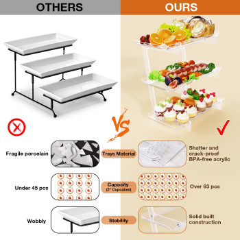 3 Tier Acrylic Serving Tray, Display Stand for Fruits Cupcakes, Catering and Buffet Table Presentations, Reusable Tiered Platters, Clear - Rectangle-Bottom Disconnect - 35L x 18W cm