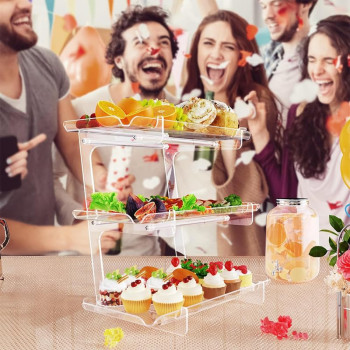 3 Tier Acrylic Serving Tray, Display Stand for Fruits Cupcakes, Catering and Buffet Table Presentations, Reusable Tiered Platters, Clear - Rectangle-Bottom Disconnect - 35L x 18W cm