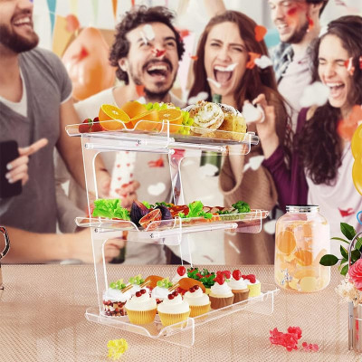 3 Tier Acrylic Serving Tray, Display Stand for Fruits Cupcakes, Catering and Buffet Table Presentations, Reusable Tiered Platters, Clear - Rectangle-Bottom Disconnect - 35L x 18W cm
