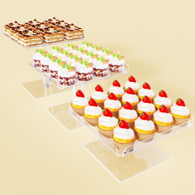 3 Tier Acrylic Serving Tray, Display Stand for Fruits Cupcakes, Catering and Buffet Table Presentations, Reusable Tiered Platters, Clear - Square - 23.2L x 23.2W cm