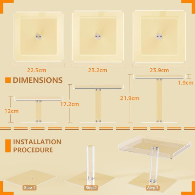 3 Tier Acrylic Serving Tray, Display Stand for Fruits Cupcakes, Catering and Buffet Table Presentations, Reusable Tiered Platters, Clear - Square - 23.2L x 23.2W cm