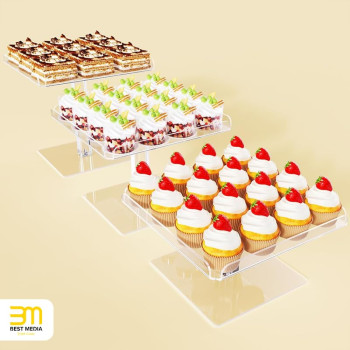 3 Tier Acrylic Serving Tray, Display Stand for Fruits Cupcakes, Catering and Buffet Table Presentations, Reusable Tiered Platters, Clear - Square - 23.2L x 23.2W cm